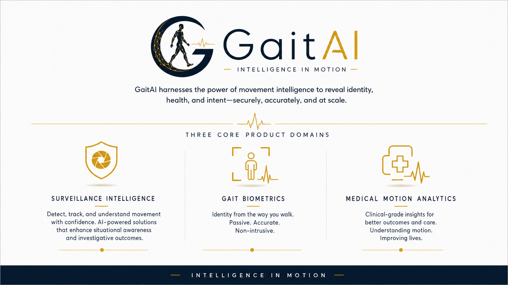 GaitAI product domains: surveillance intelligence, gait biometrics, and medical motion analytics